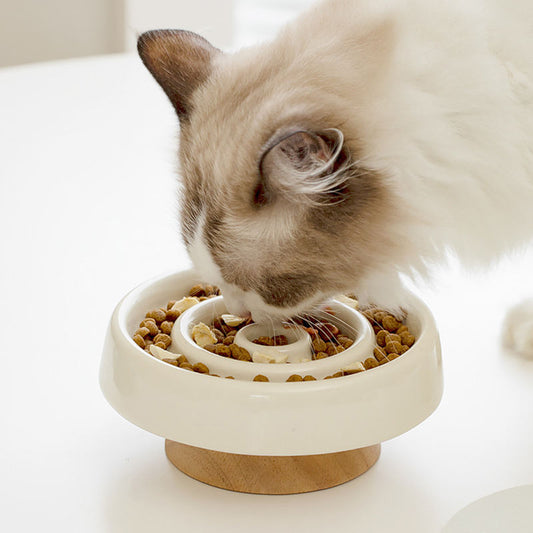 Pet Item Oda Elevated Ceramic Slow Feeder Cat Bowl with Wooden Stand